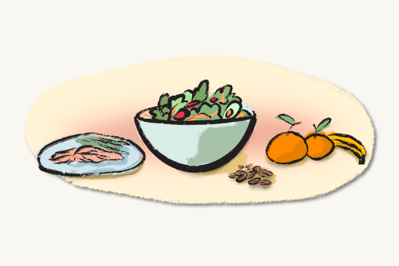 Illustrierte gesunde Ernährung mit Obst, Salat und Gemüse