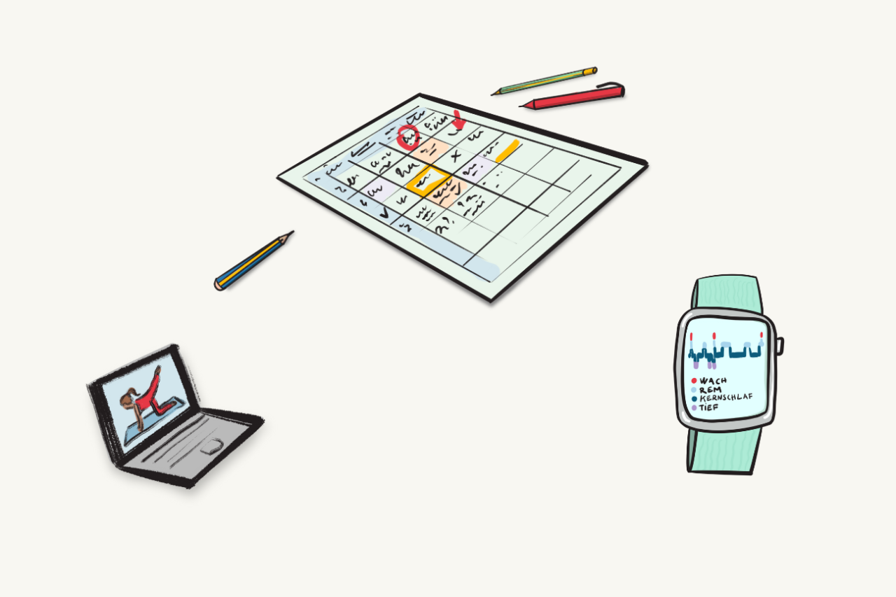 Selbstoptimierung und digitale Gesundheitstools wie Fitnesstracker Laptop und Ipad mit Ernährungsplan