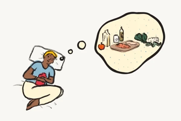 Mensch liegt mit Wärmflasche im Bett. Eine Gedankenblase zeigt das Grübeln über Essen.